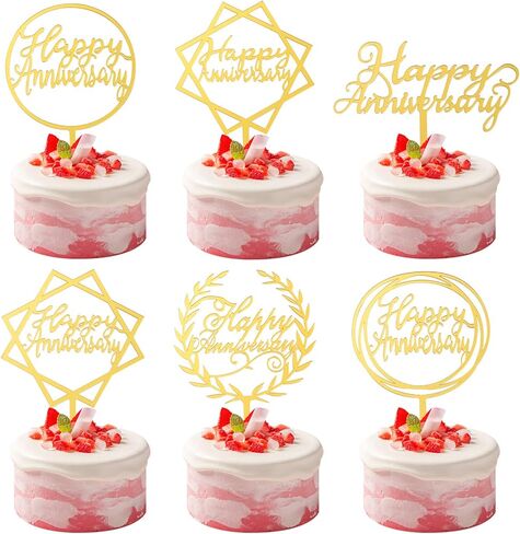 زينة كعكة عيد ميلاد سعيد من يووكي لتزيين الكيك، 6 قطع أكريليك لحفلات الزواج ولوازم الحفلات، طبقة علوية بتصميم الذكرى السنوية اللامعة باللون الذهبي in Kuwait