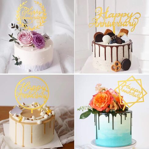 زينة كعكة عيد ميلاد سعيد من يووكي لتزيين الكيك، 6 قطع أكريليك لحفلات الزواج ولوازم الحفلات، طبقة علوية بتصميم الذكرى السنوية اللامعة باللون الذهبي in Kuwait