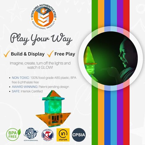 تيتان مجموعة بناء بلاط مغناطيسي تتوهج في الظلام مكونة من 60 قطعة، اشكال متنوعة متعددة الالوان، لعبة ستيم، سيارات، لعب ابداعي، شنطة تخزين وسلسلة مفاتيح ومصباح يدوي بالاشعة فوق البنفسجية للرسم على in Kuwait