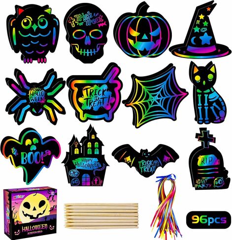 MGparty Halloween Crafts for Kids, 48PCS Rainbow Scratch Art Cards Kit in Kuwait