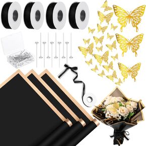 Seajan 260 Pcs Mother's Day Korean Style Paper for Bouquets 22.8'' Flower Wrapping Paper, Include 4 Rolls Ribbon 100 Pins 96 Pcs 3D Butterflies for Wedding Birthday Present DIY(Multi Color)