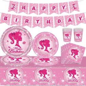 Luciome 62PCS Pink Girl Party Plates and Napkins，Barbie Party Decoration, Serves 10 Guests,Doll Theme Birthday Decorations for Girls with Banner, Tablecover, Plates, Napkins,Cups in Saudi Arabia