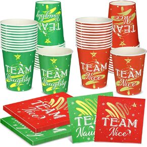 200 قطعة من ورق عيد الميلاد من SiliFine بوزن 9 أونصة من الكؤوس والمناديل، مجموعات أدوات المائدة للفريق المشاغب أو اللطيف، أدوات طعام للاستعمال مرة واحدة، لوازم حفلات عيد الميلاد لعيد الميلاد وعيد الميلاد وديكورات العشاء in Kuwait