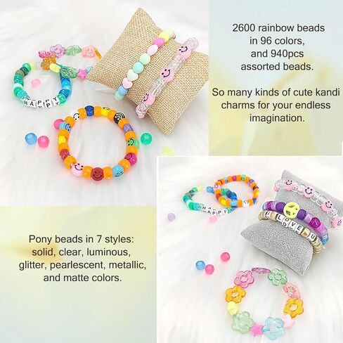 خرز بوني لصنع الاساور من مييم 3540 قطعة، 96 لون، 2600 قطعة خرز كاندي، 500 قطعة خرز حروف و200 قطعة خرز وجه مبتسم، خرز بلاستيكي لصنع المجوهرات، 5 صناديق مجموعة اساور كاندي للحرف اليدوية in Kuwait