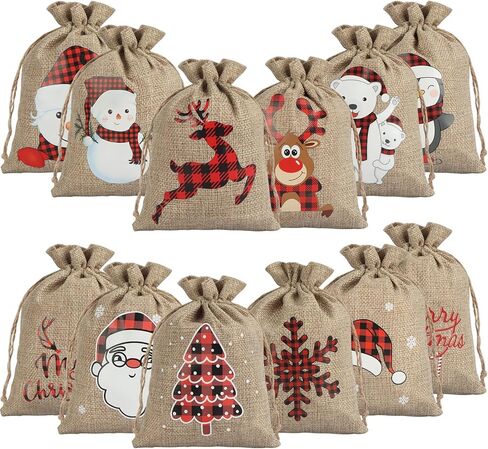 OWill 24PCS Small Christmas Gift Bags,Christmas Candy Treat Bags Burlap Drawstring Mini Bags for Christmas Party Candy Gifts Coworker in Kuwait