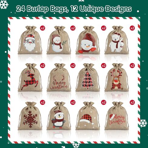 OWill 24PCS Small Christmas Gift Bags,Christmas Candy Treat Bags Burlap Drawstring Mini Bags for Christmas Party Candy Gifts Coworker in Kuwait