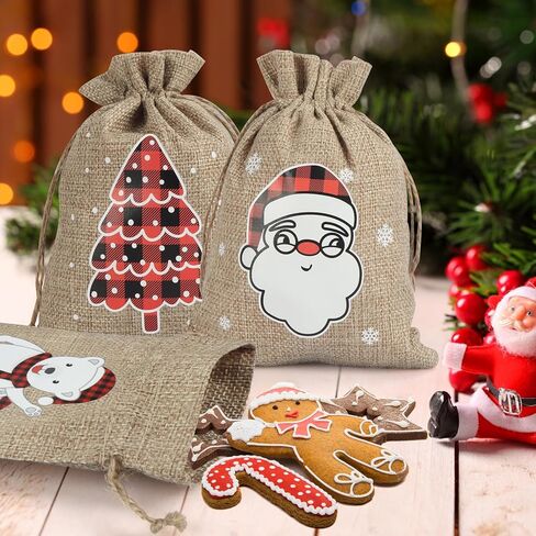 OWill 24PCS Small Christmas Gift Bags,Christmas Candy Treat Bags Burlap Drawstring Mini Bags for Christmas Party Candy Gifts Coworker in Kuwait