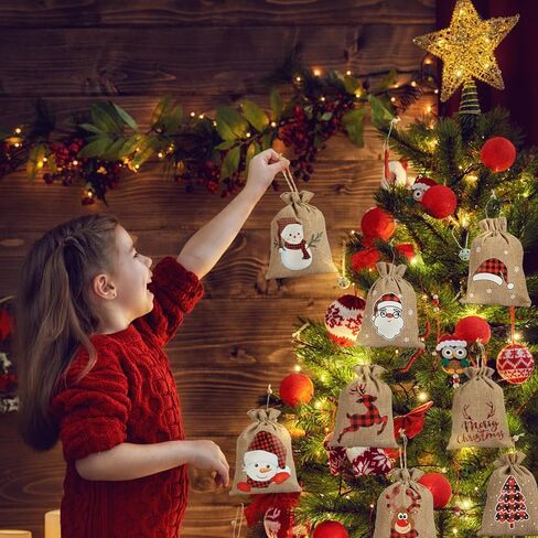 OWill 24PCS Small Christmas Gift Bags,Christmas Candy Treat Bags Burlap Drawstring Mini Bags for Christmas Party Candy Gifts Coworker in Kuwait