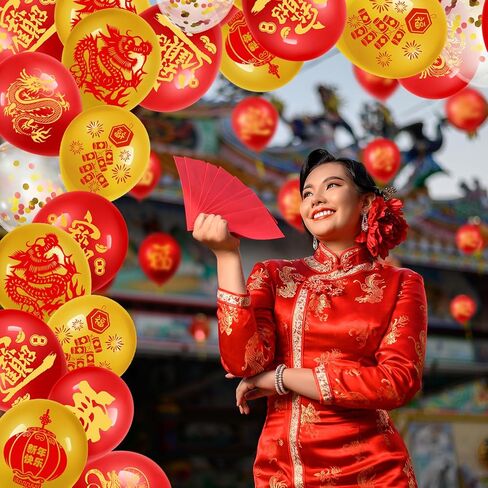 80 PCS Chinese New Year Balloons Spring Festival Latex Balloon Chinese Gold Fu Lantern Fortune Balloons Chinese New Year Party Decoration for Spring Festival Year of the Dragon Party Supplies in Kuwait