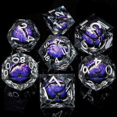 Red Dragon Eye Dice Set, 7PCS Liquid Core Sharp Edge Polyhedral Dice, Resin D&D Dice for RPG Role Playing Games, Handmade in Kuwait