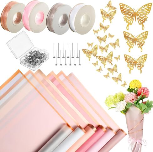 Seajan 260 Pcs Mother's Day Korean Style Paper for Bouquets 22.8'' Flower Wrapping Paper, Include 4 Rolls Ribbon 100 Pins 96 Pcs 3D Butterflies for Wedding Birthday Present DIY(Multi Color) in Kuwait