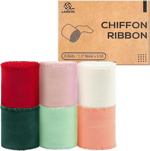 Labeol 6 Rolls Chiffon Ribbon, 1.5" x 5Yd Chiffon Silk Ribbon Handmade Frayed Fringe Fabric Mixed Color Ribbons Set for Gifts Wrapping Wedding Invitations Bouquets Envelopes Crafts in Saudi Arabia
