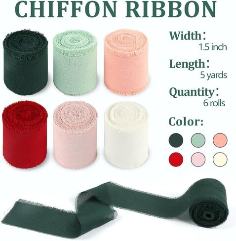 Labeol 6 Rolls Chiffon Ribbon, 1.5" x 5Yd Chiffon Silk Ribbon Handmade Frayed Fringe Fabric Mixed Color Ribbons Set for Gifts Wrapping Wedding Invitations Bouquets Envelopes Crafts in Saudi Arabia