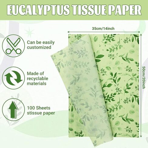 Bolsome 100 Sheets 20 * 14 Inches Eucalyptus Tissue Paper Green Leaves Gift Wrapping Tissue Greenery Botanical Tissue Paper for Gift Bags for Birthday Wedding Boho Party Craft in Saudi Arabia