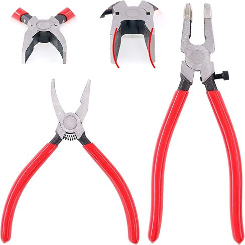 Swpeet 2Pcs Heavy Duty Breaker Grozer Pliers and Glass Running Pliers Kit with Rubber Tips, Glass Pliers with Flat Jaws & Curve Jaw Perfect for Stained Glass in Saudi Arabia