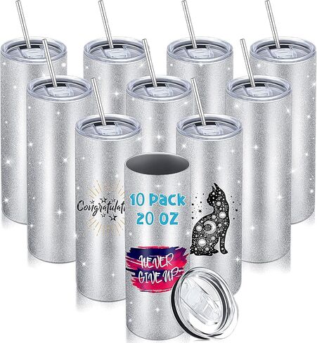 Zopeal 10 Pack Silver Sublimation Tumblers 20 oz Blank Skinny Tumbler Bulk Glitter Straight Double Wall Stainless Steel Insulated Tumblers with Lid and Straw for Heat Transfer Water Bottle Gift in Saudi Arabia
