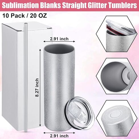 Zopeal 10 Pack Silver Sublimation Tumblers 20 oz Blank Skinny Tumbler Bulk Glitter Straight Double Wall Stainless Steel Insulated Tumblers with Lid and Straw for Heat Transfer Water Bottle Gift in Saudi Arabia