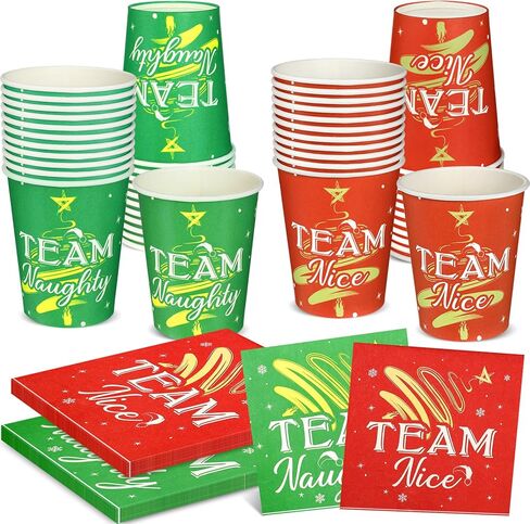 200 قطعة من ورق عيد الميلاد من SiliFine بوزن 9 أونصة من الكؤوس والمناديل، مجموعات أدوات المائدة للفريق المشاغب أو اللطيف، أدوات طعام للاستعمال مرة واحدة، لوازم حفلات عيد الميلاد لعيد الميلاد وعيد الميلاد وديكورات العشاء in Kuwait