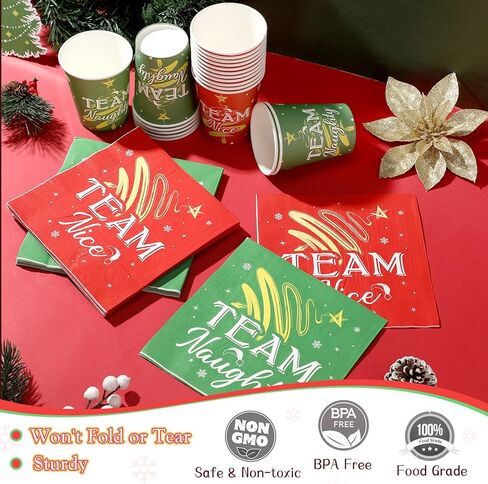 200 قطعة من ورق عيد الميلاد من SiliFine بوزن 9 أونصة من الكؤوس والمناديل، مجموعات أدوات المائدة للفريق المشاغب أو اللطيف، أدوات طعام للاستعمال مرة واحدة، لوازم حفلات عيد الميلاد لعيد الميلاد وعيد الميلاد وديكورات العشاء in Kuwait