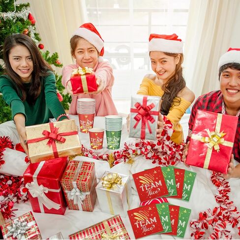 200 قطعة من ورق عيد الميلاد من SiliFine بوزن 9 أونصة من الكؤوس والمناديل، مجموعات أدوات المائدة للفريق المشاغب أو اللطيف، أدوات طعام للاستعمال مرة واحدة، لوازم حفلات عيد الميلاد لعيد الميلاد وعيد الميلاد وديكورات العشاء in Kuwait