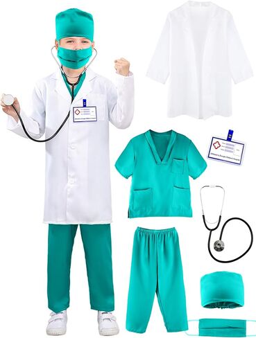 Puteraya Kids Doctor Costume Set Surgical Doctor Suit Uniform with Stethoscope Toys for Boys Girls Dress Up Halloween Cosplay in Kuwait