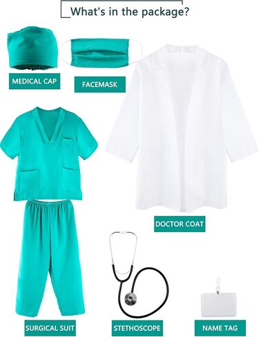 Puteraya Kids Doctor Costume Set Surgical Doctor Suit Uniform with Stethoscope Toys for Boys Girls Dress Up Halloween Cosplay in Kuwait