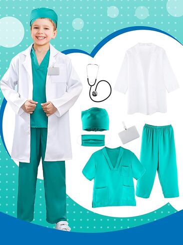 Puteraya Kids Doctor Costume Set Surgical Doctor Suit Uniform with Stethoscope Toys for Boys Girls Dress Up Halloween Cosplay in Kuwait