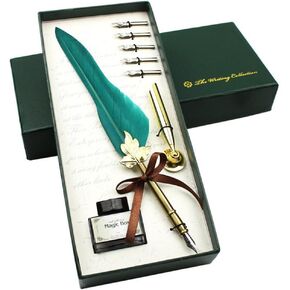 Feather Quill Pen Ink Set-Vintage Peacock Feather Pen with Holder,5pc Metal Pen Nib Writing Calligraphy Pen Set for Beginner
