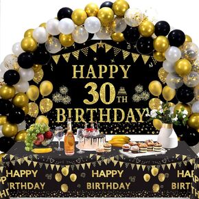 Trgowaul 70th Birthday Decorations Men Women - Black Gold Happy 70 Birthday Backdrop Banner, 2 Pcs Happy Birthday Tablecloth, 60 Pcs Latex Confetti Balloons, 70 Years Old Birthday Party Supplies Gifts