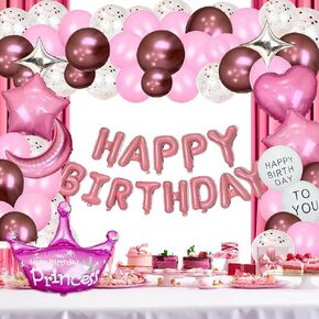 70PCS Birthday Decorations Balloon, 3D Pink Happy Birthday Banner, Heart Star Confetti Moon Crown Balloons, Birthday Party Décor with Balloon Pump Knotter in Kuwait