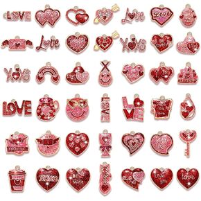 XOCARTIGE 30/42PCS سحر عيد الحب سحر القلب لصنع المجوهرات، الوردي الأحمر القلب قلادة سحر رسالة الحب XOXO سحر لسوار قلادة أقراط صنع الحرف اليدوية