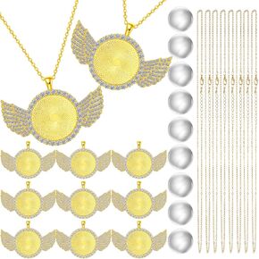 Hicarer 27 Pieces Rhinestone Wing Bezel Pendant Trays and Glass Cabochons and Lobster Clasps Chains Rhinestone Bezel Pendant Trays Set for DIY Jewelry Crafts Making Supplies