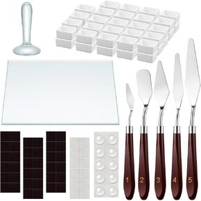 Nuanchu 109 Pcs Watercolor Paint Muller Set Glass Paint Muller Slab, Drawing Knives and Watercolor Half Pans with Magnetic Stripe for DIY Oil Acrylic Drawing(2.95'' in Dia)