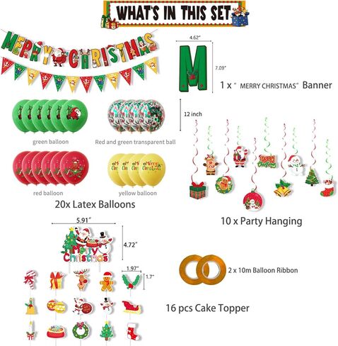 MEMOVAN Christmas Party Decoration Set Include Merry Christmas Banner Christmas Balloons Christmas Cake Cupcake Toppers Xmas Hanging Swirls for Christmas Holiday Party Supplies in Kuwait