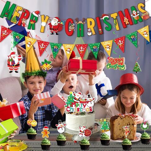 MEMOVAN Christmas Party Decoration Set Include Merry Christmas Banner Christmas Balloons Christmas Cake Cupcake Toppers Xmas Hanging Swirls for Christmas Holiday Party Supplies in Kuwait