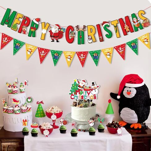 MEMOVAN Christmas Party Decoration Set Include Merry Christmas Banner Christmas Balloons Christmas Cake Cupcake Toppers Xmas Hanging Swirls for Christmas Holiday Party Supplies in Kuwait
