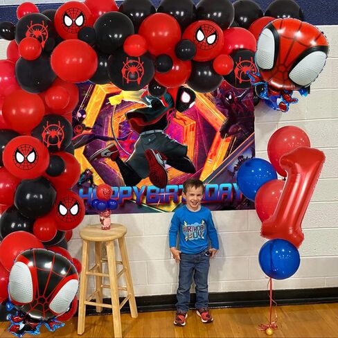 Miles Birthday Party Decorations,85Pcs Spider Miles Morales Party Balloon Garland with Happy Birthday Backdrop and Foil Balloons for Boys, Girls Spider Themer Party Supplies in Kuwait