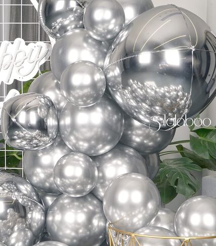 مجموعة بالونات معدنية فضية من SULALABOO مكونة من 75 قطعة من بالونات الهيليوم اللامعة والكروم اللامعة بأحجام مختلفة لأعياد الميلاد والذكرى السنوية وحفلات الزفاف وحفلات الزفاف in Kuwait