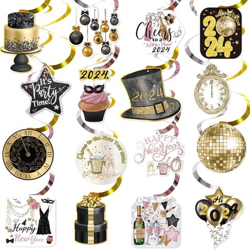 زينة سنة جديدة سعيدة 2024 ليلة رأس السنة الجديدة لوازم الحفلات سقف معلق الدوامات 32 قطعة لا يمكنك صنعها بنفسك اللافتات الذهب الأسود ديكور السنة الجديدة in Kuwait