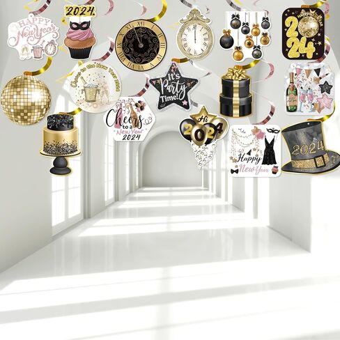 زينة سنة جديدة سعيدة 2024 ليلة رأس السنة الجديدة لوازم الحفلات سقف معلق الدوامات 32 قطعة لا يمكنك صنعها بنفسك اللافتات الذهب الأسود ديكور السنة الجديدة in Kuwait