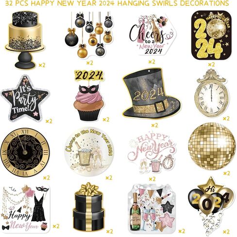 زينة سنة جديدة سعيدة 2024 ليلة رأس السنة الجديدة لوازم الحفلات سقف معلق الدوامات 32 قطعة لا يمكنك صنعها بنفسك اللافتات الذهب الأسود ديكور السنة الجديدة in Kuwait