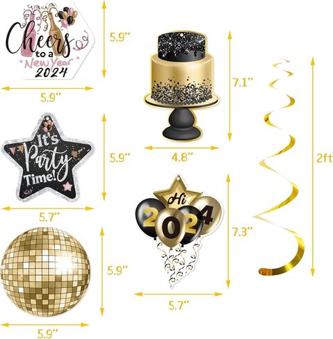 زينة سنة جديدة سعيدة 2024 ليلة رأس السنة الجديدة لوازم الحفلات سقف معلق الدوامات 32 قطعة لا يمكنك صنعها بنفسك اللافتات الذهب الأسود ديكور السنة الجديدة in Kuwait