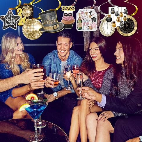 زينة سنة جديدة سعيدة 2024 ليلة رأس السنة الجديدة لوازم الحفلات سقف معلق الدوامات 32 قطعة لا يمكنك صنعها بنفسك اللافتات الذهب الأسود ديكور السنة الجديدة in Kuwait