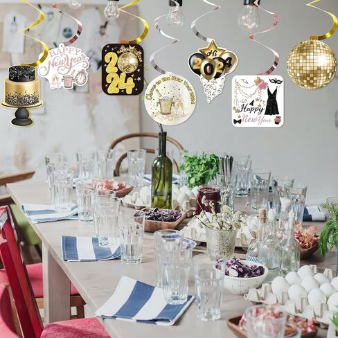 زينة سنة جديدة سعيدة 2024 ليلة رأس السنة الجديدة لوازم الحفلات سقف معلق الدوامات 32 قطعة لا يمكنك صنعها بنفسك اللافتات الذهب الأسود ديكور السنة الجديدة in Kuwait