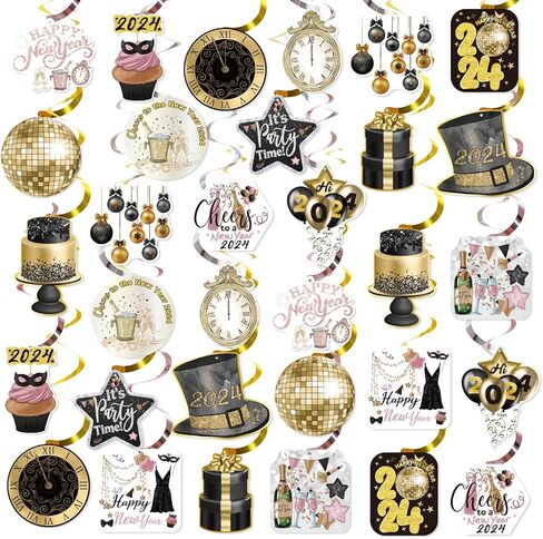 زينة سنة جديدة سعيدة 2024 ليلة رأس السنة الجديدة لوازم الحفلات سقف معلق الدوامات 32 قطعة لا يمكنك صنعها بنفسك اللافتات الذهب الأسود ديكور السنة الجديدة in Kuwait