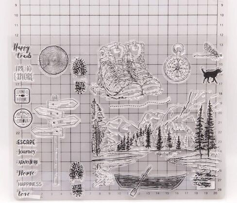 LZBRDY 6.7 في 8.9 بوصة الأشجار قارب الجبل في النهر مغامرة الأحذية ختم القدم ومجموعة ختم يموت لصنع بطاقة البوصلة الكلب الخشب علامة الطريق سيليكون واضحة طوابع ويموت in Kuwait