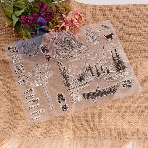 LZBRDY 6.7 في 8.9 بوصة الأشجار قارب الجبل في النهر مغامرة الأحذية ختم القدم ومجموعة ختم يموت لصنع بطاقة البوصلة الكلب الخشب علامة الطريق سيليكون واضحة طوابع ويموت in Kuwait