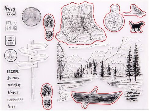 LZBRDY 6.7 في 8.9 بوصة الأشجار قارب الجبل في النهر مغامرة الأحذية ختم القدم ومجموعة ختم يموت لصنع بطاقة البوصلة الكلب الخشب علامة الطريق سيليكون واضحة طوابع ويموت in Kuwait