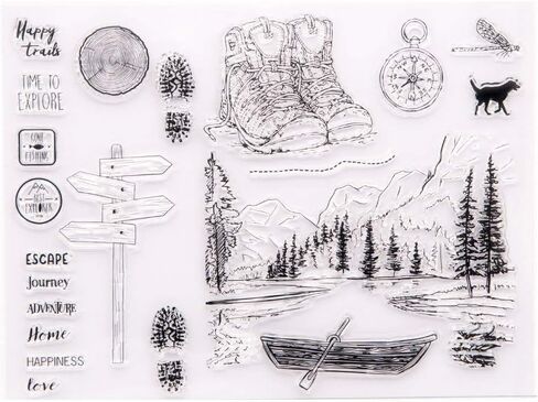 LZBRDY 6.7 في 8.9 بوصة الأشجار قارب الجبل في النهر مغامرة الأحذية ختم القدم ومجموعة ختم يموت لصنع بطاقة البوصلة الكلب الخشب علامة الطريق سيليكون واضحة طوابع ويموت in Kuwait