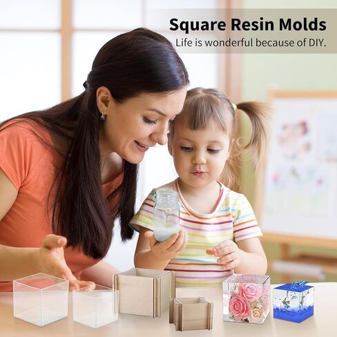 2 Pcs Square Resin Molds Set, 3'' and 4'' Silicone Casting Molds, Reusable Transparent Cube Mould, Quick Release Silicone Molds for DIY Art Resin Candle Soap Making in Kuwait